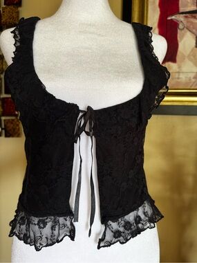 Black Lace Tie-Front Camisole - Feminine Lace Tank